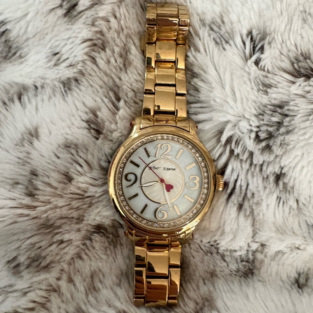 Betsey Johnson Gold-Tone 43mm Watch with Pearl White Round Face and Heart Accent